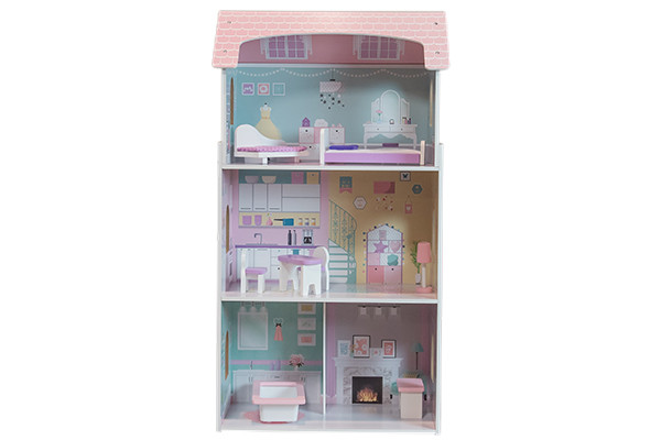 Houten poppenhuis met meubeltjes.