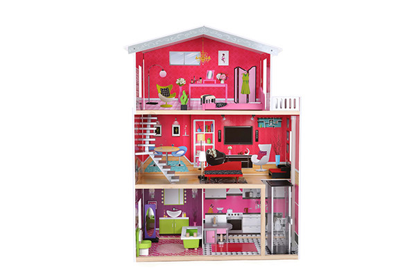 Houten poppenhuis met meubeltjes.