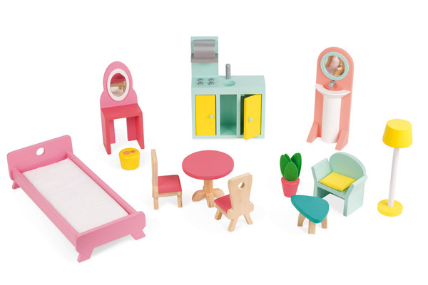 Geleverd inclusief afgebeelde houten meubeltjes.